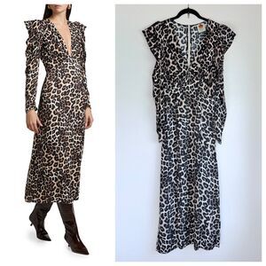 NWOT FARM Rio Leopard Print V-Neck Long Sleeve Midi Dress in Natural Cream Sz S